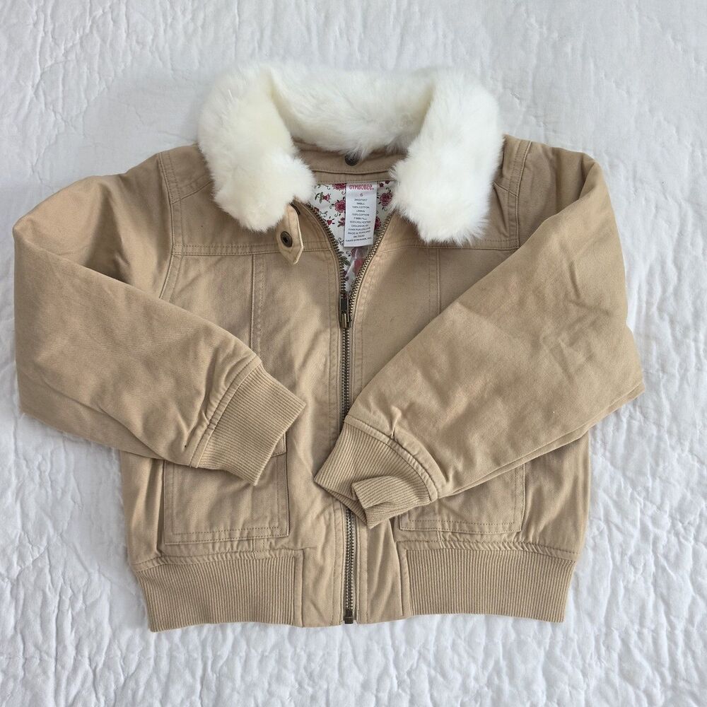 Gymboree TYROLEAN LURE Girls Jacket Size 6 Tan Faux Fur Collar Fall Bomber NWT